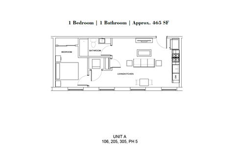 Floor plan for 1 bed, 1 bath, 424 sqft